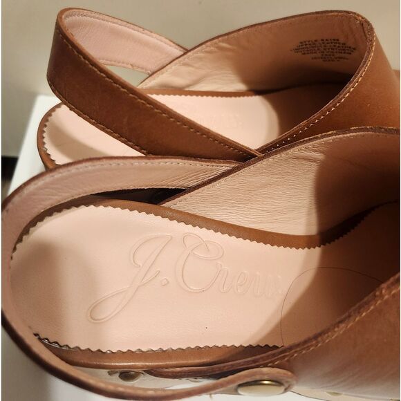 NEW J.Crew Cognac Brown Leather W/ Gold Stud Trim Wood Sole Sz.7 Ret.$198 - Picture 7 of 10
